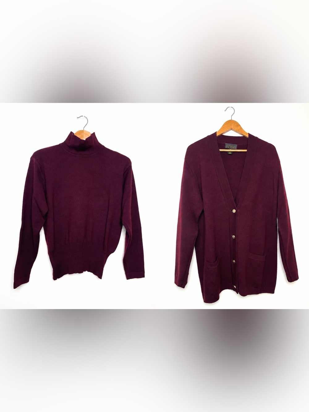 Classiques Entier Burgundy 100% Wool Turtleneck Sweater and Cardigan Set